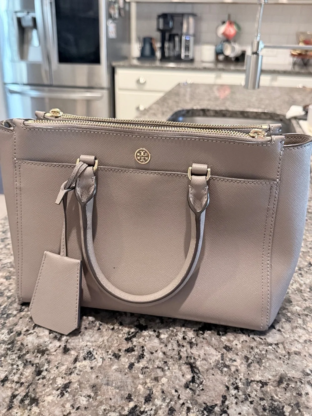 Tory Burch Saffiano Leather Satchel in Light Gray Taupe